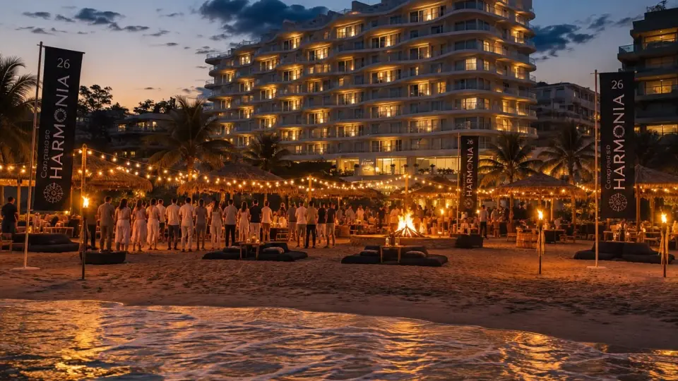 Fogueira acesa e mesas montadas na areia ao anoitecer, com bandeiras do Congresso Harmonia e um hotel iluminado ao fundo.